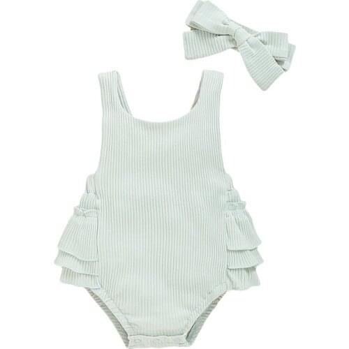 0-18M Infant Baby Girl Clothes Solid Sleeveless Romper Cotton 2PC Outfit 2020