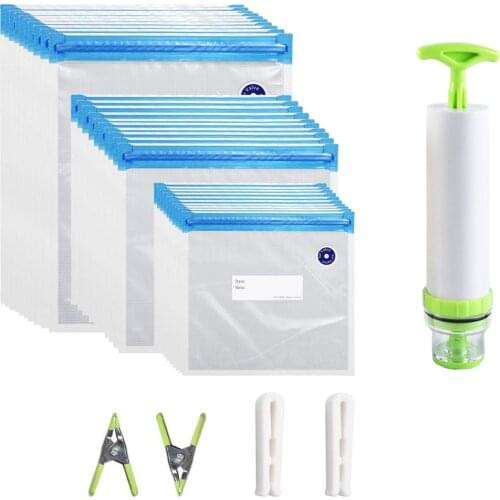 20/17Pcs Bag Kits Reusable Food Storage Vacuum Seal Bags With Hand Pump Bag Sealing Clips Food Wrap For Food Storage Freezing