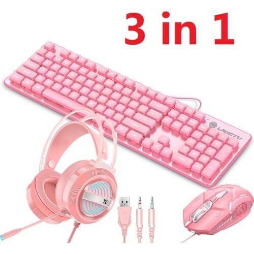 3 in 1 Keyboard Mouse Earphone 87-key Girl Cute Pink Mute Office Notebook Keyboard Mouse with Headphone Microphone for PC Office