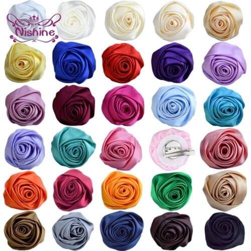 30 Colors 5.5 CM Handmade Satin Rose Flower Hairpin DIY Children Headwear Accessories Party Dress Decoration Girls Duckbill Clip