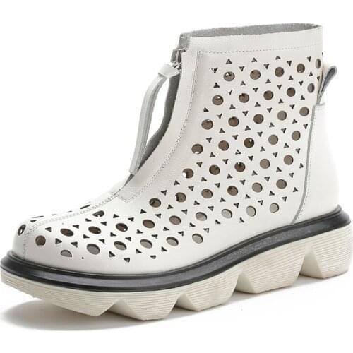 Fashion Handmade Women Genuine Leather Ankle Boots Ladies Summer Shoes Female Hollow Breathable Wedges Platform Cool Boots Mujer