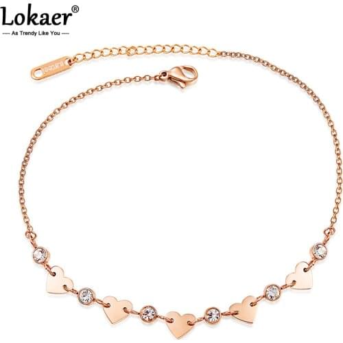 Lokaer Titanium Steel Bohemia Holiday Beach Chain & Link Anklets For Women Girls Trendy CZ Crystal & Heart Charm Anklet A19043