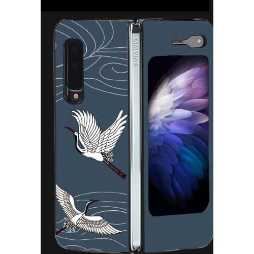 Z Fold2 Funda Case for Samsung Galaxy Z Fold 2 Case Fold W20 5G Crane Patterned Coque PU Leather Matte Phone Case Cover Capa
