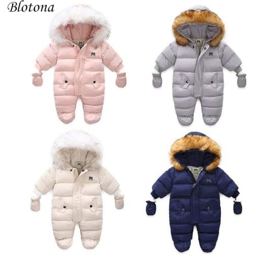 Blotona Baby Girls Boys Zipper Hooded Down Jumpsuits with Gloves Winter Warm Cotton Footies Romper Playsuit Outfits 3-24M