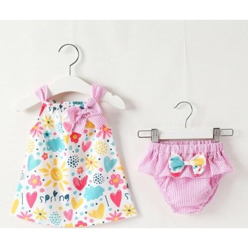 Infants Kids Baby Girl Clothes 2PCS Sleeveless Flower Print Tops Dress+Shorts Outfits Summer 0-24M