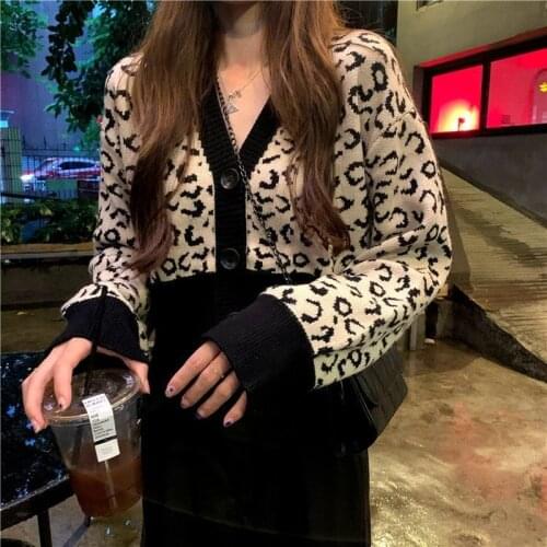 Women Cardigan Sweater Plus Size 4XL Leopard Patchwork Sexy Crop Top V-Neck Females Leisure Chic Trendy Street Personal Outwear