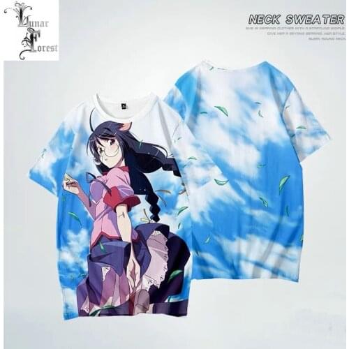 Bakemonogatari Senjougahara Printing T-shirt Summer Fashion Round Neck Short Sleeve Popular Japanese Anime Streetwear Plus Size