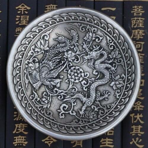 Collection Chinese Tibet Silver Carved Mythical Animals Dragon And Phoenix Plate Dish Exquisite Small Statues