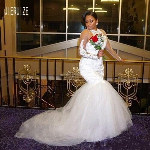 JIERUIZE Modern African Mermaid Wedding Dresses High Neck Illusion Long Sleeves Lace Up Beaded Bridal Gowns vestido de noiva