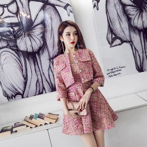 Spring and autumn European and American womens new ladies beaded tweed short jacket + woolen cloth vest dress Two pieces/set
