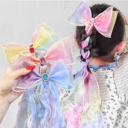 Korean Horsetail Butterfly Hairpins Girl Long Ribbon Bow Hairbands Hair Clip Children Kid Hairgrips Hair Accessories Yarn Tiara