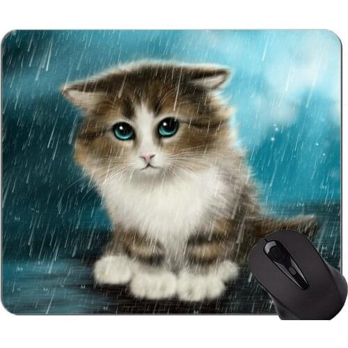 Mouse Pad with Stitched Edge,Blue Eyes Kitten cat painting art rain Non-Slip Rubber Base Mousepad