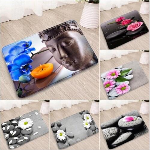 Zen Stone Bathroom Mat Daisy Flower Phalaenopsis Buddha Statue Ocean Door Welcome Rug Bedroom Kitchen Non-slip Carpet Washable