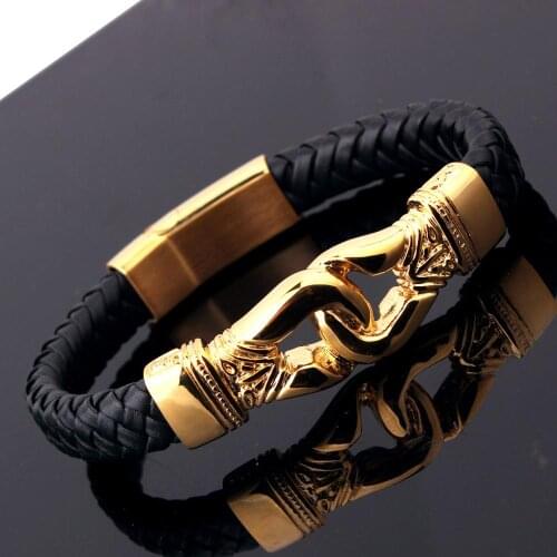 Fashion Men Bracelet Black Vintage Leather Bracelet Gold Stainless Steel Magnetic Clasps Bracelets Male Hot Jewelry 12.5mm 22cm