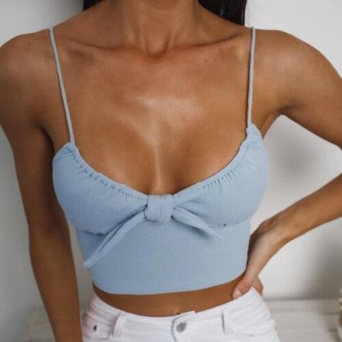 Musuos Summer Women Basic Bustier Crop Tops Solid Color Sling Straps Backless Knotted Slim Vest Casual Sexy Camisoles White Blue