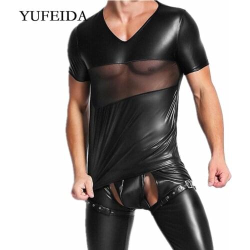 Mens Undershirts Faux Leather Shirt Short Sleeve Tops Long Pants PVC Leather Trousers Night Stage Dance Clubwear Men Clothes Set