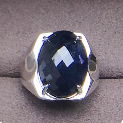 Men ring Natural real black sapphire ring Free shipping 925 sterling silver 15ct big gemstone Fine jewelry R991206
