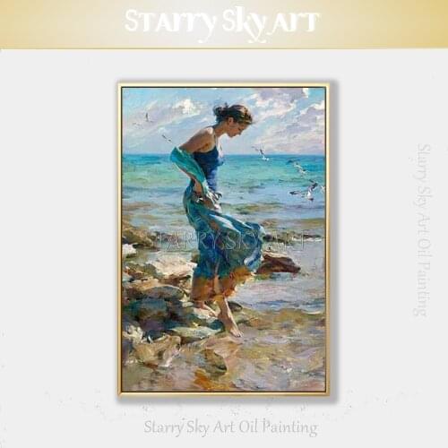 Excellent Artist Hand-painted Lady with Blue Dress Oil Painting on Canvas Beauty Lady Walking on Beach Oil Painting for Wall Art