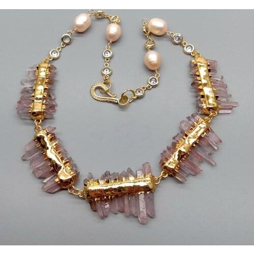 YYGEM Natural lepidocrocite Quartz rough Druzy Cultured Pink Rice freshwater Pearl Chain choker Necklace