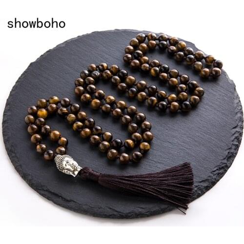8mm Natural Yellow Tiger Eyes Beaded and Knotted Japamala Necklace 108 Mala Meditation Yoga Tibetan Buddha Head Pendent Jewelry