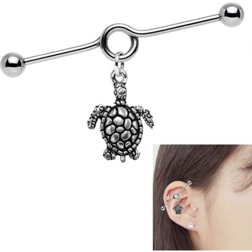 Punk Sea Turtle Charm Loop Industrial Bar Barbell 316L Stainless Surgical Steel 14g Ear Cartilage Barbell Body Piercing Jewelry