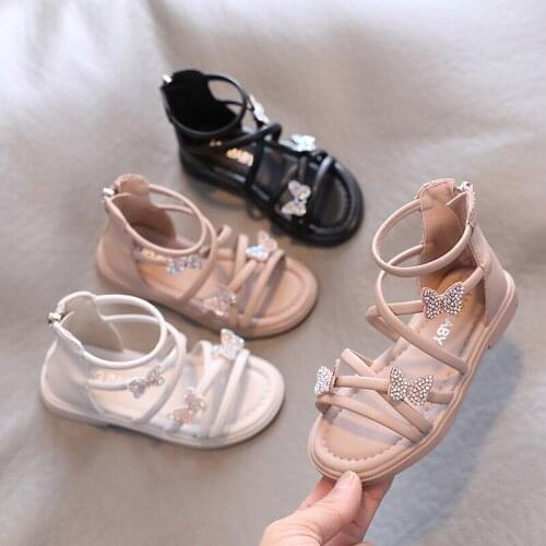 2021 Summer Gladiator Sandals Girls Bling Buttefly Princes Shoes Narrow Band Boot Sandal Back Zipper Kids Cross-tied Roma Shoe
