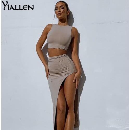 Yiallen Sexy Party Two Piece Set Women Sleeveless Tank Tops+Side Split Long Skirts Summer Elegant Soft Elastic Matching Suit Hot