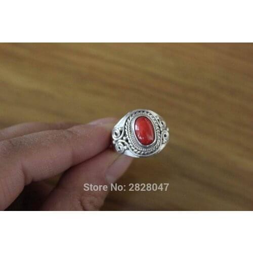 SL042 Nepal Handmade 925 Sterling Silver Inlaid Red Coral Rings for Girls Ethnic Tibetan Jewelry Free Shipping