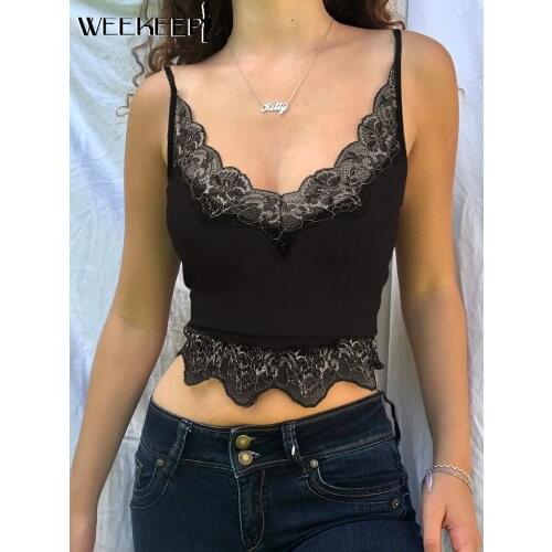 Weekeep Lace Patchwork Y2K Aesthetic Tank Tops Brown Rib Knitted Streetwear Slim Camisole Sleeveless 2021 Summer Streetwear Vest