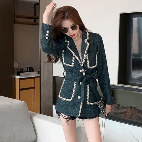 Winter High-End Womens Small Fragrance Wind Contrast Stitching Ribbon Lapel Tweed Jacket Hot-Selling Female Woolen Coat
