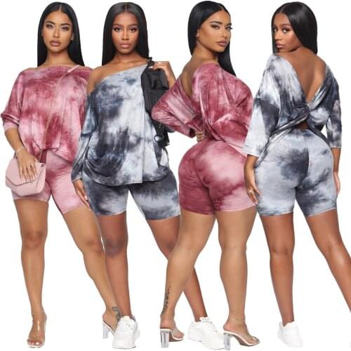 Women Tie-dye Prin Two Pieces Set Tracksuits Fitness O-Neck Tops+Shorts Suits Sexy Night Joggers 2020 Summer Home Suit S-XXL