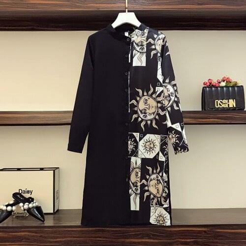 5XL plus size women flower print Office shirt dress autumn winter 2021 long Sleeve Patchwork button casual black loose dresses