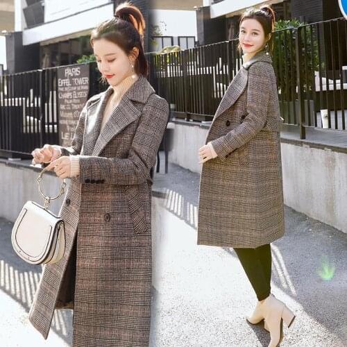 Wool coat womens middle and long Korean 2021 new popular plaid coat autumn and winter womens woolen coat