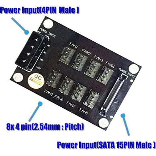 4-Pin or SATA 15-Pin to 8x 4-Pin Fan Splitter Hub (Power from One 4-Pin Molex or SATA 15-Pin connector)