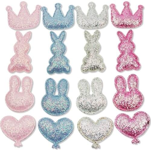 40Pcs Mixed Glitters Rabbit Heart Crown shape Padded Appliques for Babys headwear Crafts Decor hairpin Accessories wholesale