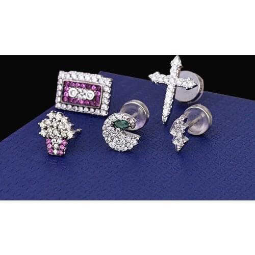 5PCS Silver Stud Earrings Micro Mosaic Top CZ Crystals Cross Star Flower Resultant Earrings For Women One Week Jewelry