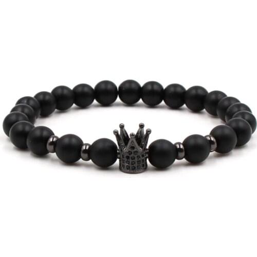 8mm hfgh35 elastic adjusted nature Frosted agate Onyx black stone volcanic lava micro pave Crown cz cubic zirconia Bracelet