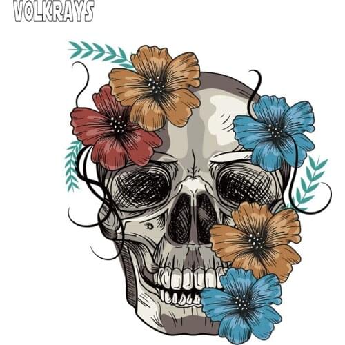 Volkrays Personality Car Sticker Skull Punk Style Hand-painted Flowers Accessorie PVC Decal for Peugeot Skoda Volvo,15cm*13cm