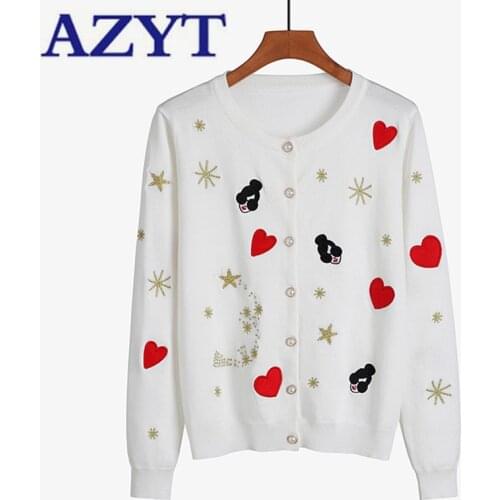 AZYT Spring Autumn O Neck Embroidery Knitted Cardigan Women Soft Full Sleeve Knitwear Womens Sweater Coat