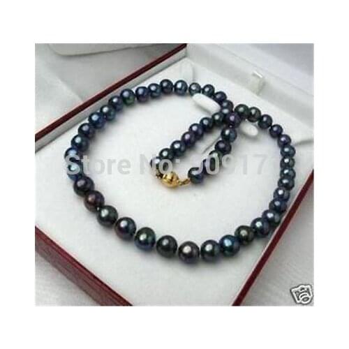 Free Shipping8-9mm Black Tahitian Cultured Pearl Necklace Solid Gold