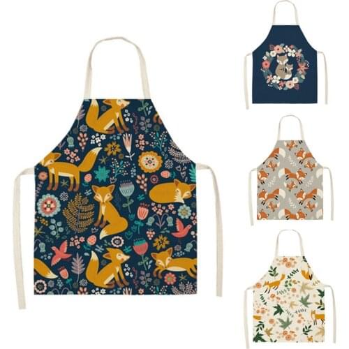 Fox Aprons Unisex Dinner Party Linen Nordic Cooking Bib Funny Pinafore Kawaii Fox Printed Sleeveless Cleaning Apron Kitchen Tool