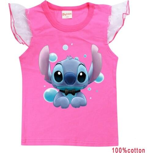 STITCH girls cotton short-sleeved T-shirt vest girls flying sleeves cotton top Childrens summer fashion Casual clothing