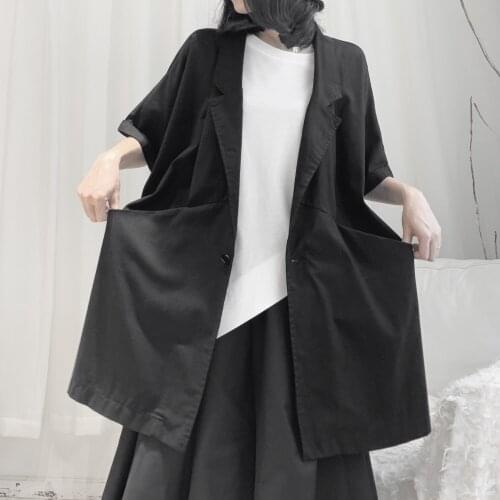 Summer Solid Blazer For Women Black Womens Clothing Large Pocket Loose Patchwork Elegant Coat AL1808