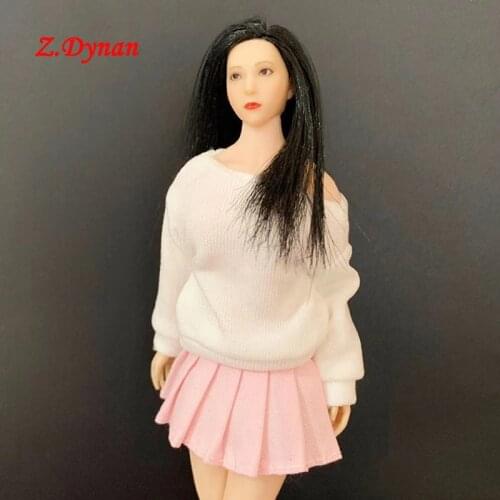 1/12 Scale Female Figure White Long Sleeve t-Shirt With Pink Pleated Skirt Set Clothing for 1:12 Action Figure Body Dolls