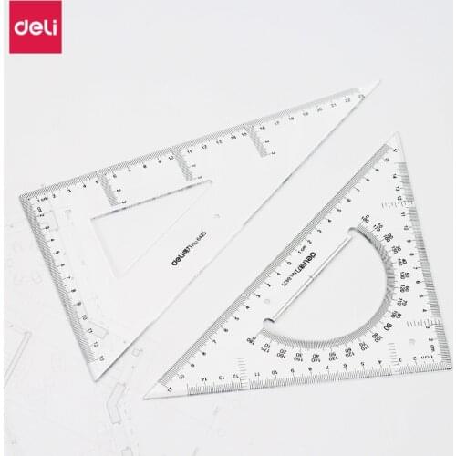 Deli Triangle Ruler Set Student Stationery 20sets Transparent Plastic Ruler Templates for Drawing Triangle Ruler with Protractor