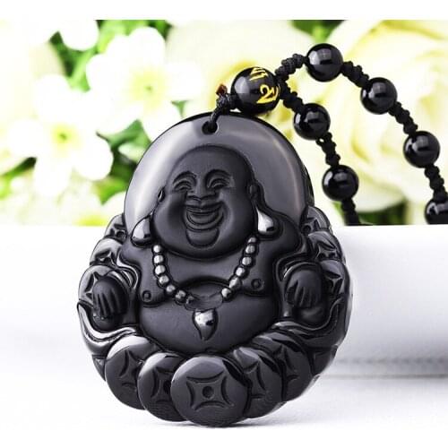 Real Chinese Handwork Natural Black Obsidian Carved Buddha God of Fortune Amulet Lucky Pendant Necklace Fashion Jewelry
