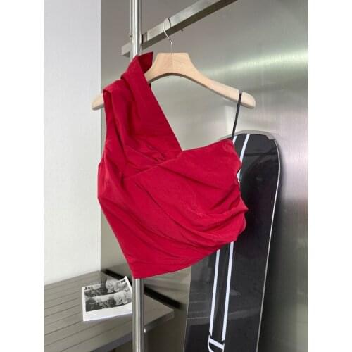 New 2021SS Sexy Women Red Asymmetrical Strapless Tops Female High Quality Vest Tee Ddxgz2 4.14