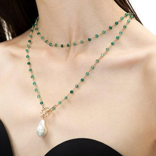 36-38" Womens 5-6mm Natural Malachite/ Amazonite /Agate Necklace Cultured White Keshi Pearl Pendant
