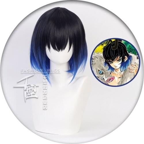 Anime Hashibira Inosuke Short Wig Gradient black blue Cosplay Wig + Wig Cap Costume Demon Slayer: Kimetsu no Yaiba Cosplay Wigs