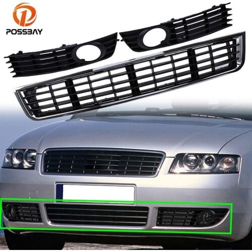 POSSBAY Front Lower Bumper Grilles Fog Lights Cover Center Black Racing Grill for Audi A4 B6 Sedan 2002 2003 2004 Exterior Parts